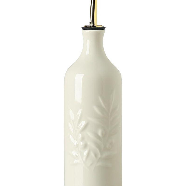 Sweejar Ceramic Olive Oil Dispenser Bottle 20 Oz Relief Opaque Oil Cruet Protects To Reduce Oxidation Suitable for Storage Vinegar, Soy Sauce, Coffee Syrup, Liquids, Set of 1 (Beige Gold Spout)