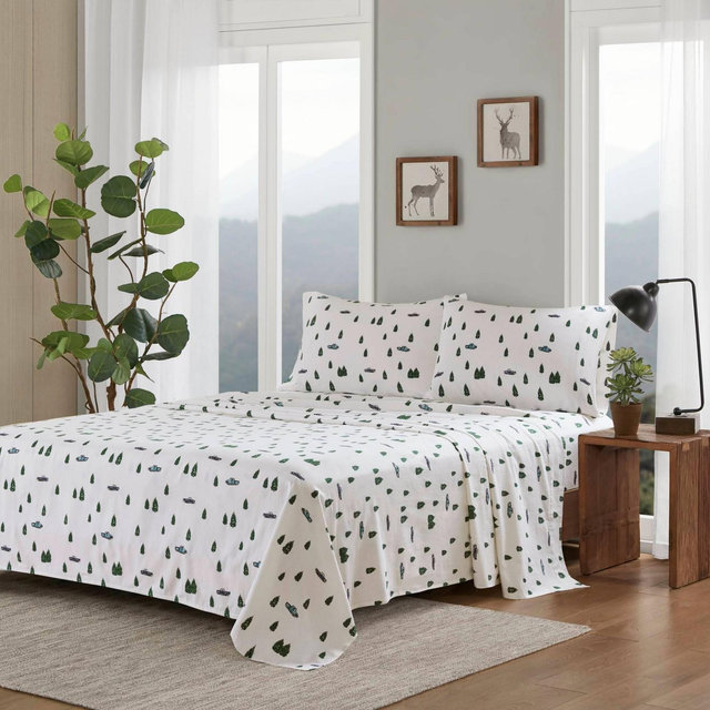 Woolrich Queen 100% Cotton Flannel Sheet Set Set Green Trees and Trucks