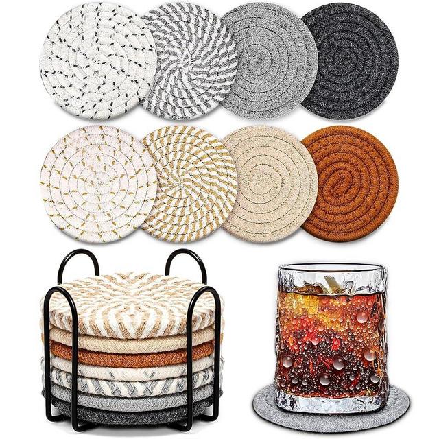 Drink Coasters Set of 8, Cotton Woven Coasters with Holder, 8-Color Absorbent Coasters for Drinks, Coffee Table, Home Décor, Bar, Housewarming Gift, 4.17 Inch