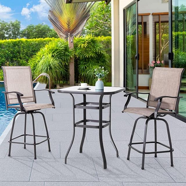 Vongrasig 3 Piece Patio Swivel Bar Set, All Weather Mental Textilene High Swivel Bar Stools Chair Set of 2 and High Glass Bar Table, Outdoor High Top Bistro Set for Lawn Garden, Balcony, Taupe