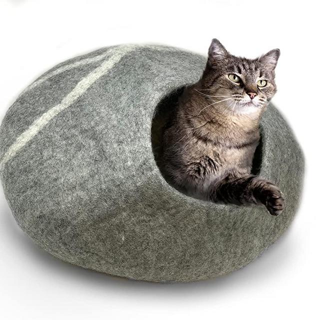 100% Natural Wool Large Cat Cave - Handmade Premium Shaped Felt - Makes Great Covered Cat House and Bed for Kitty. for Indoor Cozy Hideaway. Large Pod Soft Hooded Bed Area.