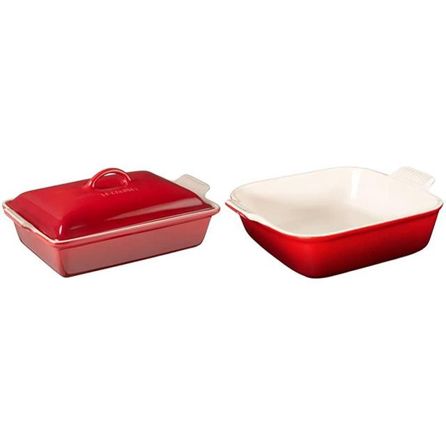 Le Creuset Stoneware Heritage Covered Rectangular Casserole, 4 qt. (12" x 9"), Cerise & Stoneware Heritage Square Dish, 3 qt. (9"), Cerise