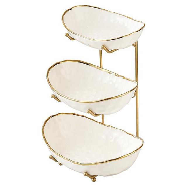 MEIGLQEA White Fruit Bowl with Gold Metal Stand, 3 Tier Modern Ceramic Fruit Bowl Fruit Rack for Kitchen Counter, Tiered Fruit Basket for Snacks Bread Candy Storage (White,3 Tier)