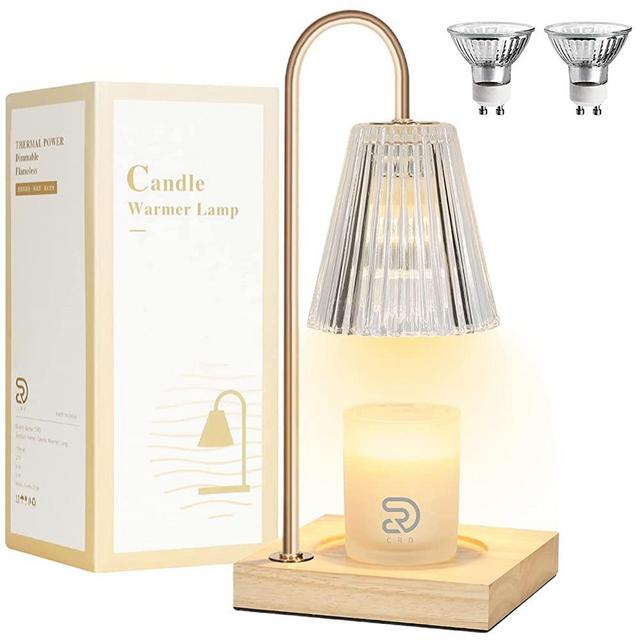 Candle Warmer Lamps, Dimmable Candle Lamp with Wood Base, Top Down Candle Warmer on Table, Electronic Candle Melting Lamps for Scented Jar Candle with 2 Bulbs (Clear Glass Shade)
