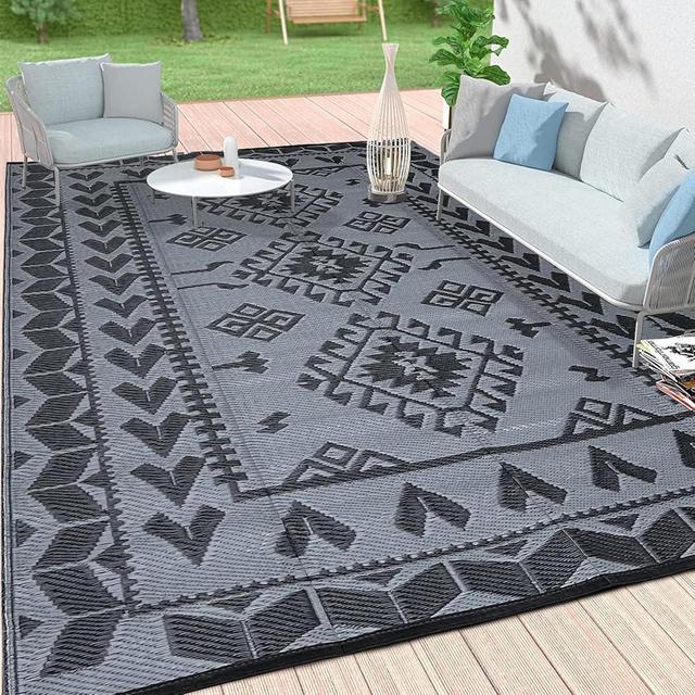 Pendolr Outdoor Rugs 9x12 for Patios Clearance - Waterproof Reversible Indoor Outdoor Rug Carpet, Portable Plastic Straw Rug for RV Camping, Picnic, Beach, Porch, Deck(Black&Gray)