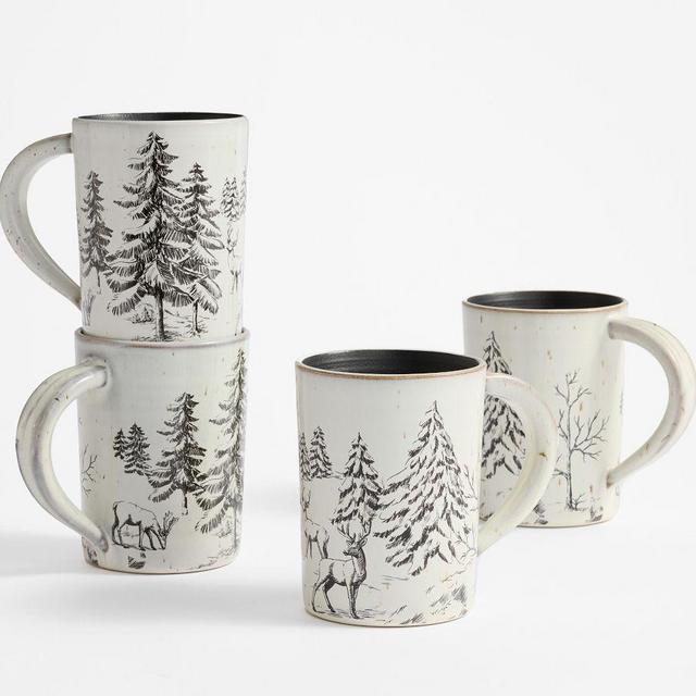 Rustic Forest Stoneware Mugs - Set of 4