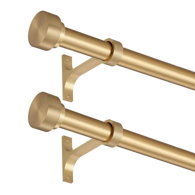 2 Pack Heavy Duty 1 Inch Diameter Single Curtain Rods 36-72” Adjustable Window Curtain Rod with with Cylindrical Cap Finials, Wall Mount and Ceiling Mount, Warm Gold