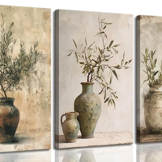 Vintage Vase Canvas Wall Art Prints Green Rustic Olive Branch Wall Decor Pictures Antique Still Life Plant Posters Paintings Artwork for Living Room Bedroom Kitchen Home Decoration 12x16in framed
