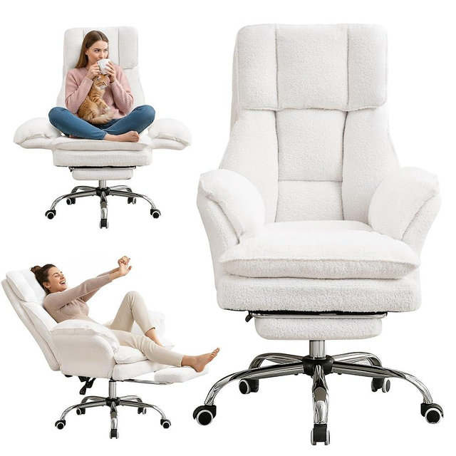 Ergonomic Cloud Cross Legged Office Chair with Footrest,Teddy Fleece Big and Tall Executive Chair with Wheels,Reversible Armrest,155° Reclining Computer Wide Desk Chair for Home,Office (Beige)