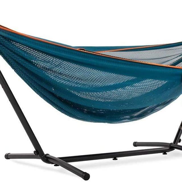 Vivere Double Mesh Hammock with 9ft Space Saving Steel Stand (400 lb Capacity - Premium Carry Bag Included) (Blue/Orange)