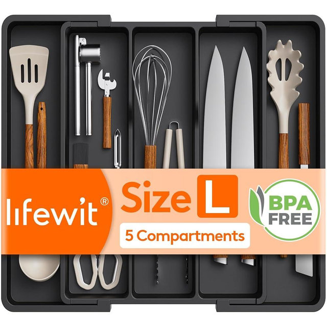 Lifewit Utensil Organizer, Adjustable Kitchen Drawer Organizer, Expandable Cooking Utensil and Cutlery Tray, Plastic Divider Holder Black 11.4-19.8" x 14.5"
