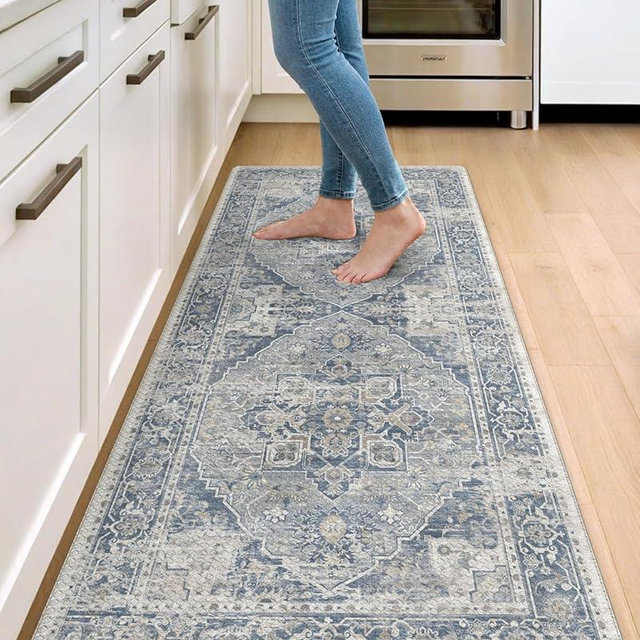 DEXI Kitchen Floor Mats Anti Fatigue, 23x59 Large Cushioned Vintage Runner Rug Waterproof, Standing Comfort Memory Foam Padded for Front Sink Laundry Office, Light Grey and Blue