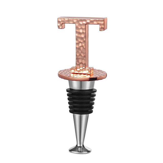 Miicol Initial Letter Wine Stopper, Monogram Hammered Metal, Perfect Wine Gift, Wide Used in Kitchen Decor, Bar, Wedding Party, Elegance Meets Utility, Rose Gold Plating, Letter (A to Z) T