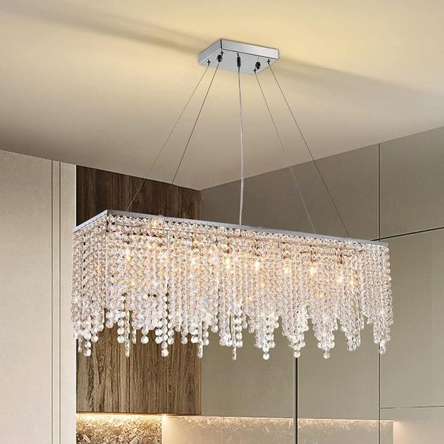 Siljoy Modern Rectangular Crystal Chandelier, L47 Luxury K9 Raindrop Pendant Lighting Rectangle Linear Hanging Ceiling Light Fixture for Dining Room Kitchen Island, 10-Lights