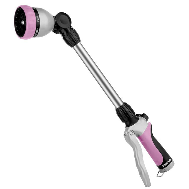 RESTMO Metal Watering Wand, Heavy Duty Garden Hose Wand with 180° Swivel Ratcheting Head, 16'' Hose Nozzle Sprayer with 7 Spray Patterns and Flow Control, for Water Hanging Baskets and Shrubs, Pink