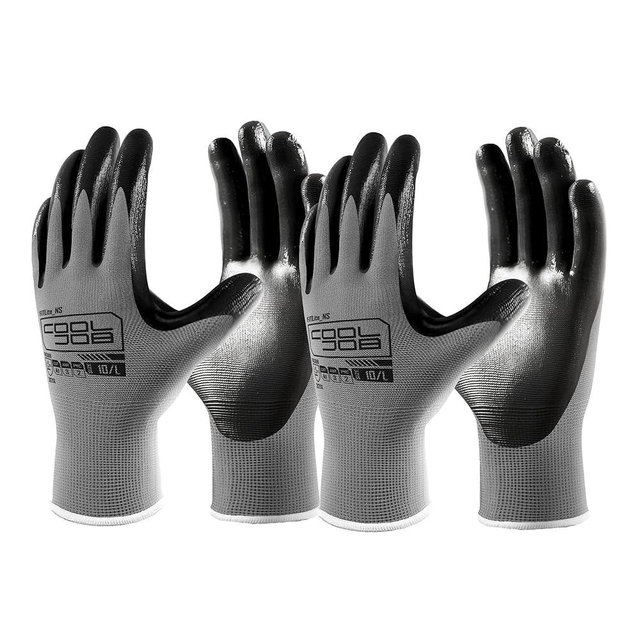 COOLJOB 10 Pairs Nitrile Dipped Safety Work Gloves with Grip, Non-slip Rubber Coated Bulk Garden Gloves for Men, Heavy-duty Oil Resistant for Truck Driver, Warehouse Box Handler, Large, Gray
