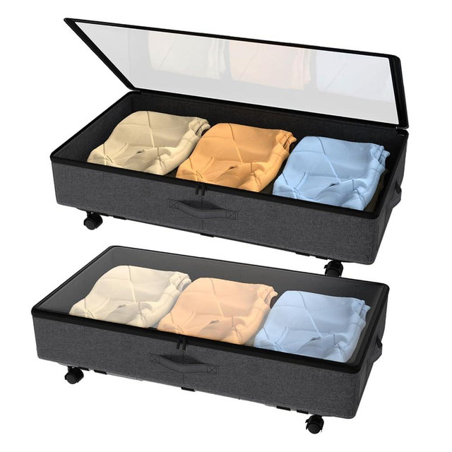 IUI Underbed Storage with Wheels，Versatile Under Bed Storage Containers with Lid，50L Large Capacity Underbed Storage with Clear Window，Under Bed Storage for Clothes，Shoes，Books，Toys，Black，2Pack