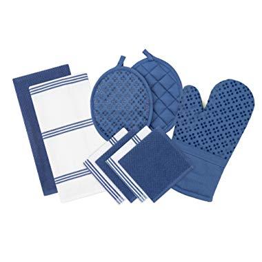 Sticky Toffee Silicone Printed Oven Mitt & Pot Holder, Cotton Terry Kitchen Dish Towel & Dishcloth, Dark Blue, 9 Piece Set