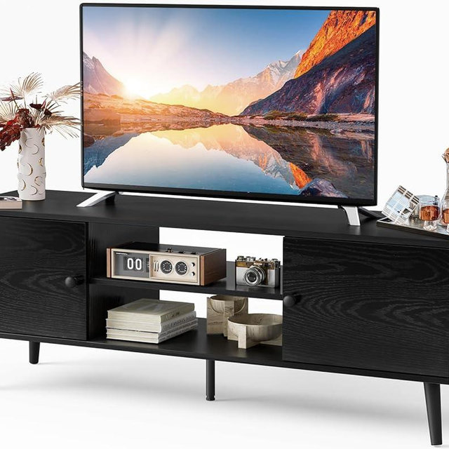 Sweetcrispy TV Stand for 55 60 inch TV, Modern Mid Century Entertainment Center with Storage, Media Console Table 2 Cabinet, Soft Hinge, Handle Door, Wooden Living Room, Office Furniture, Pure Black