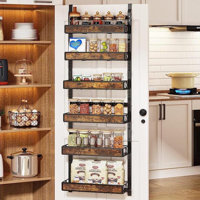 1Easylife 6-Tier Over the Door Pantry Organizer, Wall Mounted Wooden Over Door Rack, Black Pantry Organization and Storage with Adjustable Baskets, Can Organizer Hanging Spice Rack for Kitchen