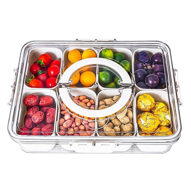 Dingerjar Divided Serving Tray with Lid and Handle - Snackle Box Charcuterie Container for Portable Snack Platters - Clear Organizer for Candy, Fruits, Nuts, Snacks - Perfect for Party, Entertaining