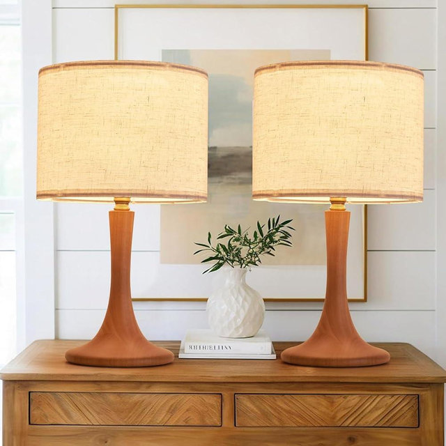 2 Pack Bedside Table Lamp for Bedroom, Nordic Plug in Fabric Shade & Solid Wood Base Desk Lamp, Plug & Play Natural Wood Nightstand Lamp for Living Room, Office, Switch Power Cord【Bulb Not Included】