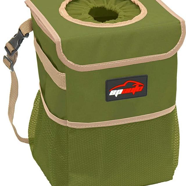 EPAuto Waterproof Car Trash Can with Lid and Storage Pockets, Green