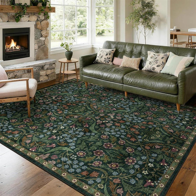 8x10 Washable Area Rug for Living Room, Floral Non-Slip Non-Shedding & Easy Care, Large Soft Low Pile Botanical Indoor Floor Carpet for Living Room, Bedroom, Dining Room, Nursery, Green