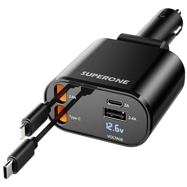 SUPERONE Retractable Car Charger 4 in 1, Super Fast Charge Car Phone Charger with Cords, USB C and Lightning Car Charger Adapter, Compatible with iPhone 15/15 Pro Max/14/13/12/11, Galaxy S23, Pixel
