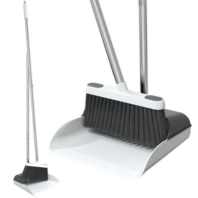 Stand Up Dustpan and Broom Set 50” Long Handle Broom with Dust Pan, 20° Angled for Ergonomic Home Office Indoor Sweeping