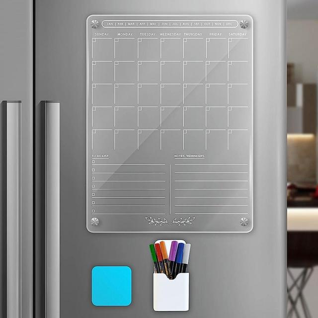 Acrylic Magnetic Calendar for Fridge 16x12, Clear Acrylic Calendar for Fridge, Refrigerator Calendar Magnetic Dry Erase Board, includes 6 Markers, Magnetic Eraser and Marker Holder - Fits All Fridges