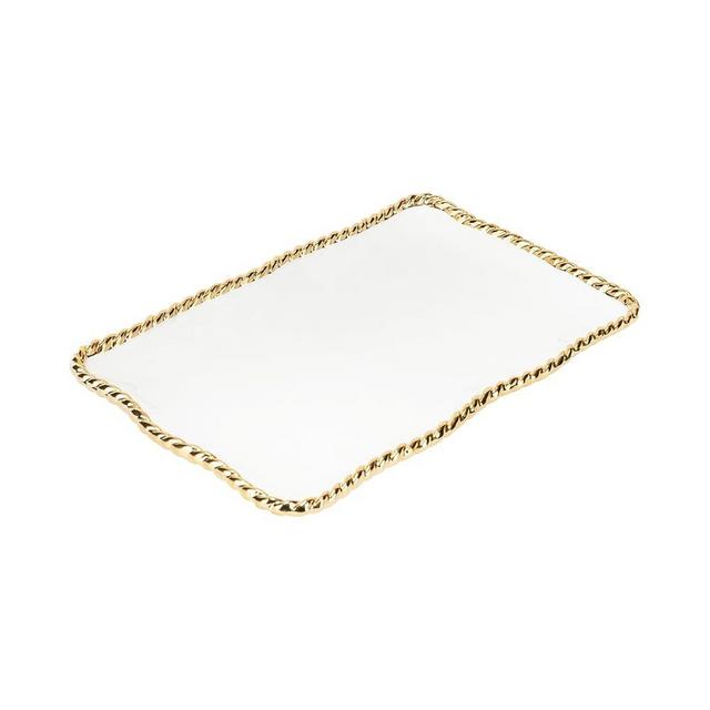 Elegance White Porcelain Platter with Gold Titanium Rope Edge, 14.25"