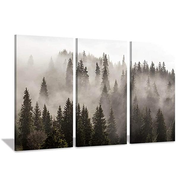 Natural Landscape Wall Art Paintings: Photographic Artworks Dark Tree line with Foggy Misty Forest Pine Print on Wrapped Canvas for Decoration, Multi-Piece Image (16"x26"x3, Gray Wall Decor)
