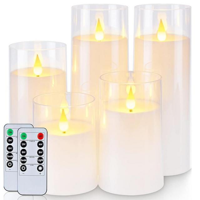 Homemory Pure White Flickering Flameless Candles, Battery Operated Acrylic LED Pillar Candles with Remote Control and Timer, Set of 5