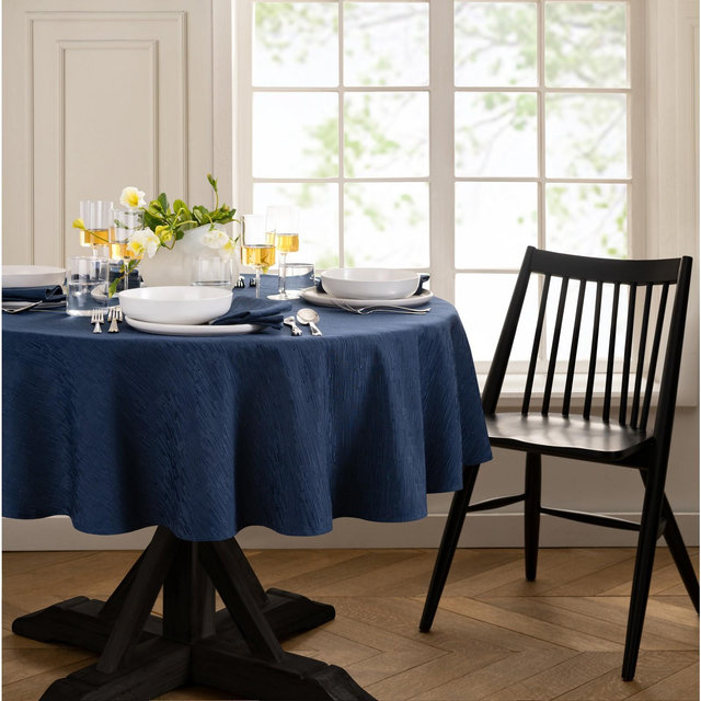 Continental Solid Texture Water and Stain Resistant Tablecloth - 70" Round - Navy - Elrene Home Fashions