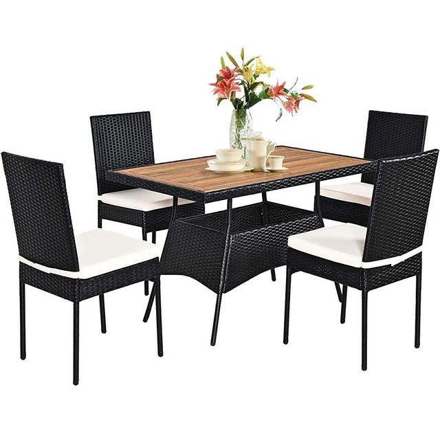 Tangkula 5 PCS Wicker Patio Dining Set, Outdoor Rattan Table & Chairs Set with Padded Cushions, Patio Furniture Dining Table Set for Balcony Patio Garden Poolside (Wood, Natural)