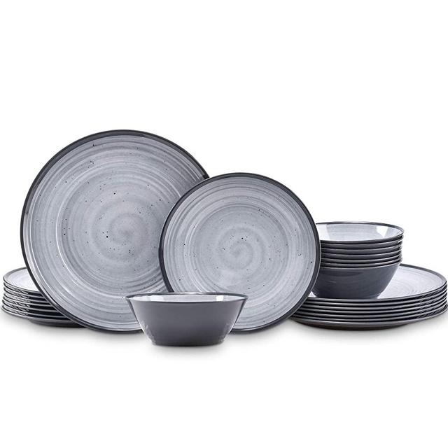 Joviton HOME 24PCS Melamine Dinnerware Sets for 8,Outdoor Plates and Bowls Sets (Cool Gray)