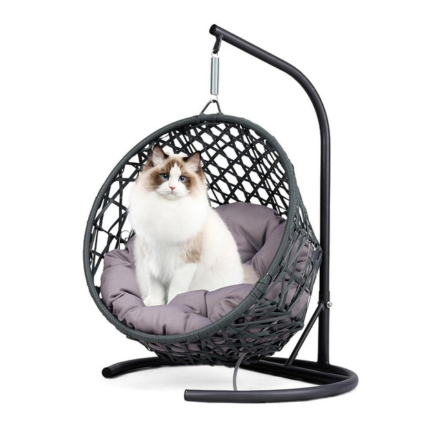 DAIJIA CHINA Cat Swing Bed with Aluminum-Steel Stand & Soft Cushion, Cat Egg Chair with HDPE Rattan Wicker Appearance, Indoor Hanging Pet Bed for Kitten, Puppy, Small Dogs (Grey, Open Nest)