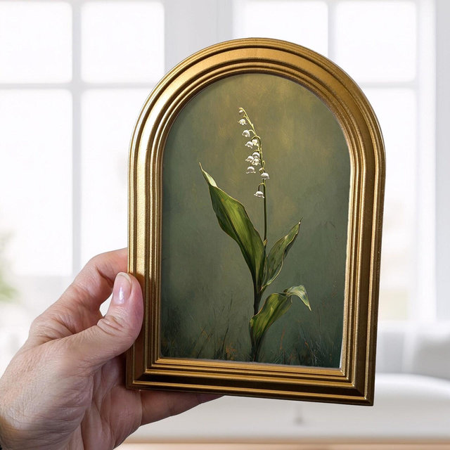 Small Gold Arched Frame Lily of the Valley Art Print : Cottagecore Decor