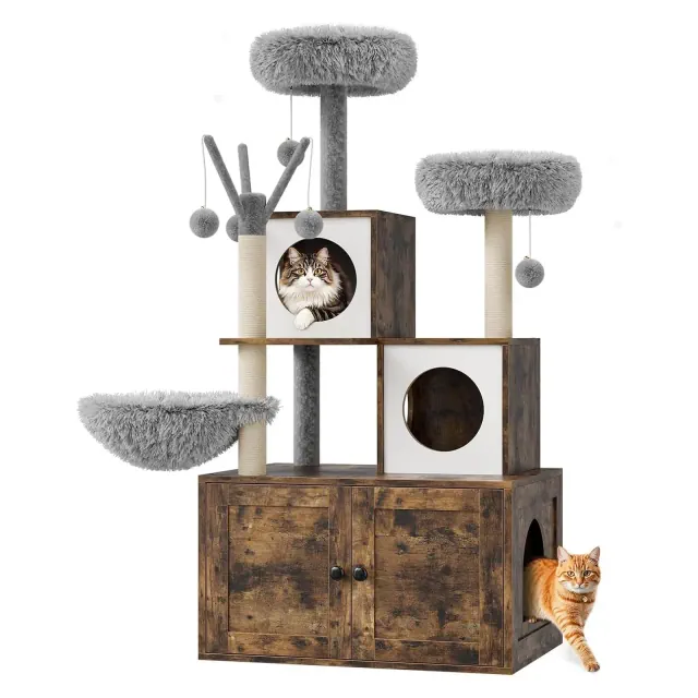 Modern 2-in-1 Cat Tree & Hidden Litter Box Enclosure – Wooden Tower with Condo, Hammock, Scratching Post, Plush Perch & Removable Pompoms