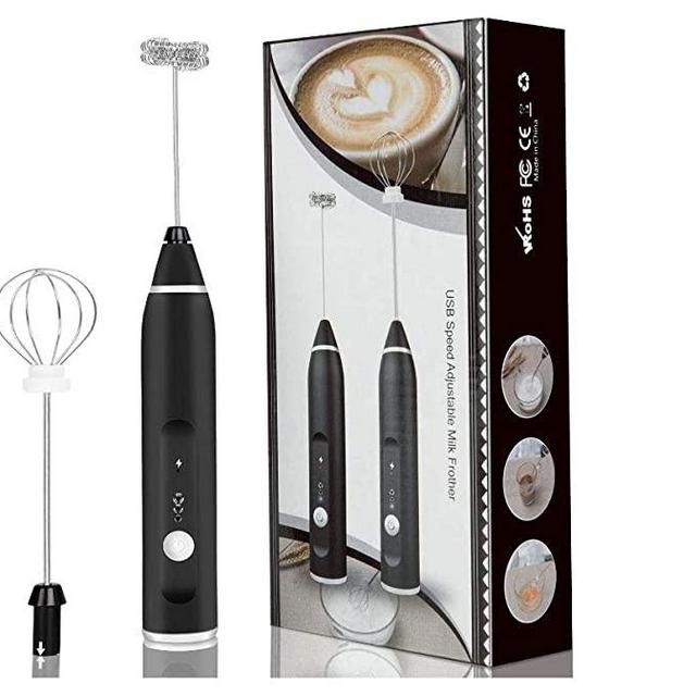 Rechargeable Milk Frother Healthcolic BLACK Electric 3 Adjustable Speeds Foam Handheld with 2 Stainless Steel Whisk for Bulletproof Coffee, Cappuccino, Chocolate, Milk Tea, Matcha