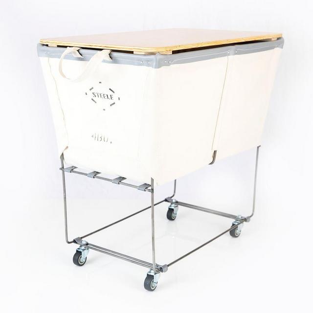 Medium Elevated Canvas Laundry Basket with Wheels and Lid, Natural Canvas/Gray Vinyl Trim