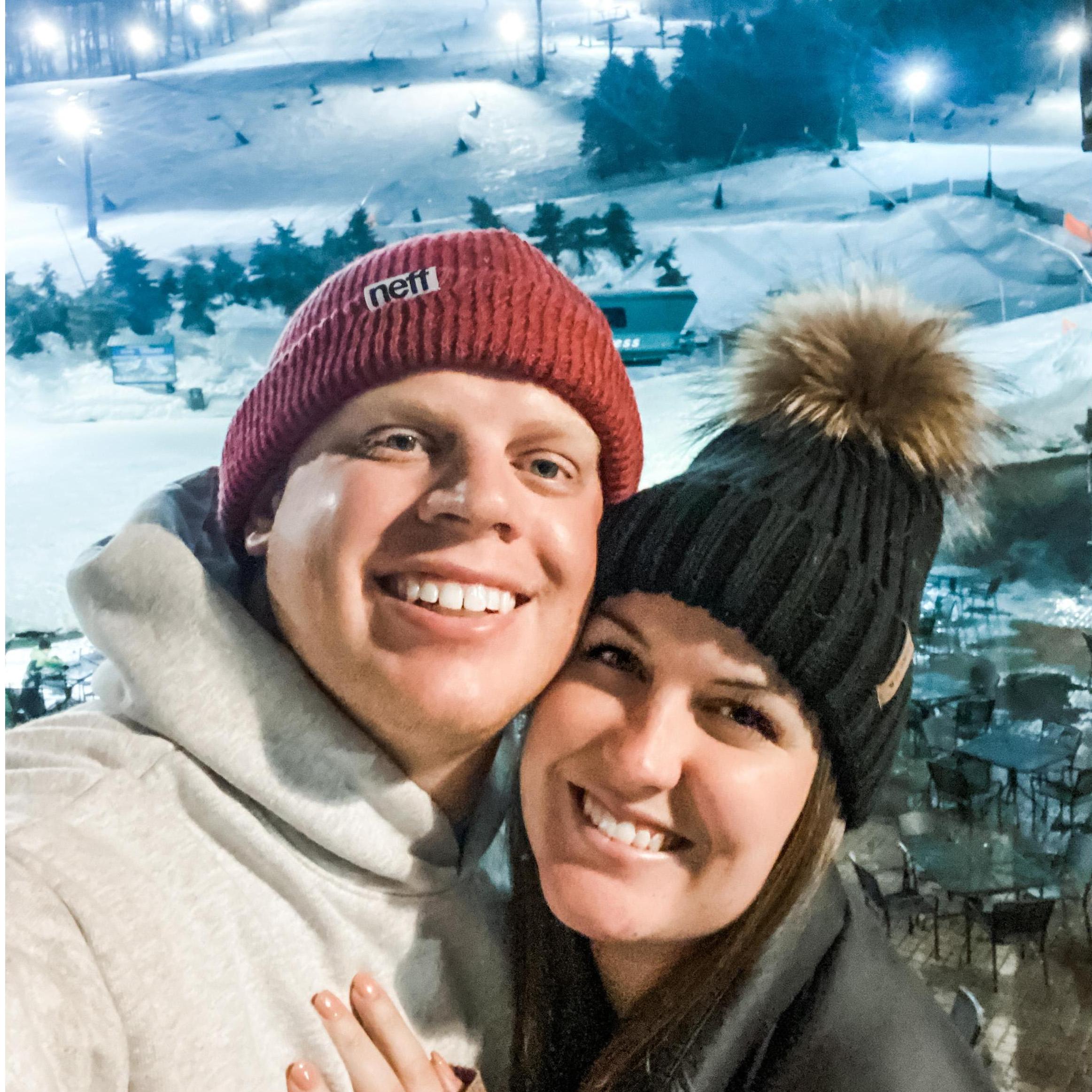 February 2021: John still attempting to teach Erin how to ski