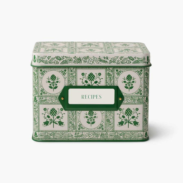 RIFLE PAPER CO. Recipe Tin, Includes 24 Individual Cards and 12 Dividers, Holds Approximately 200 Inserts, Box Size 4.25" W x 6.25" L x 5" H, Artichoke