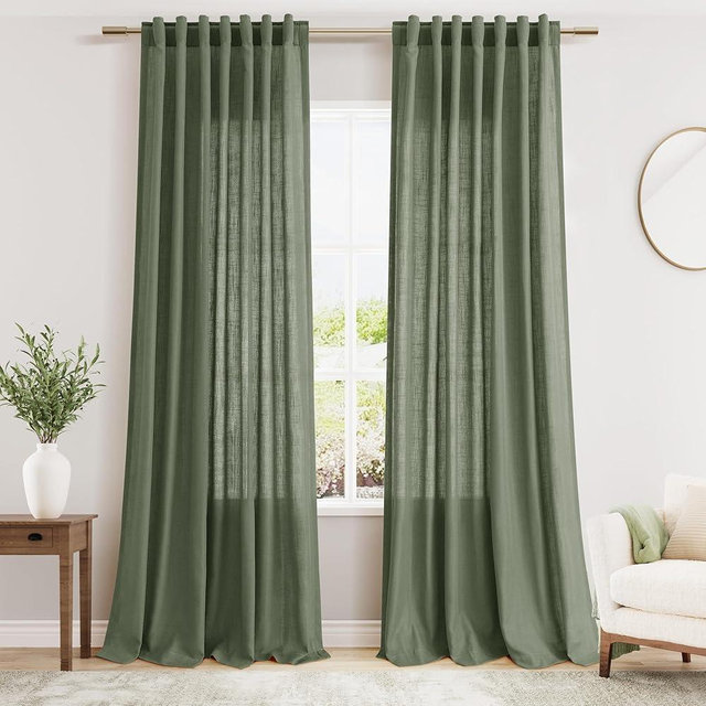 Olive Green Linen Curtains 96 Inches Long for Living Room Rod Back Tab Vintage Rustic Farmhouse Light Filtering Curtain Burlap Textured Linen Drapes 96 Inch Length for Dinning Room Bedroom 52x96
