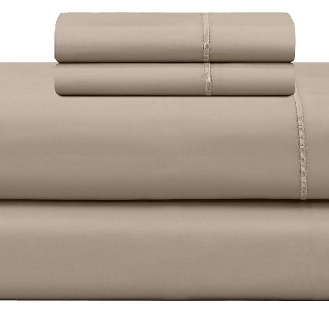 Feather & Stitch 500TC Queen Size 4pc Damask Bed Sheet Set, 100% Soft Cotton Breathable Bedsheets, 18" Deep Pockets Sateen Weave Striped Bedding Mattress Resort Hotel Luxury Décor - (Champagne Beige)