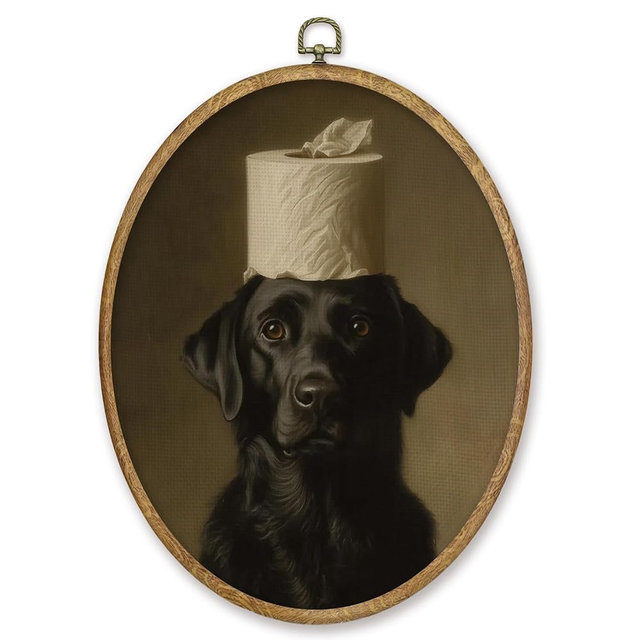 CGBHW Vintage Black Labrador Retriever Bathroom Oval Wall Art Decor, Black Lab Gifts Canvas Prints Framed, Moody Funny Dog Wall Art Hanging Decor for Bathroom Washroom Restroom, 8.6x11.4 Inch