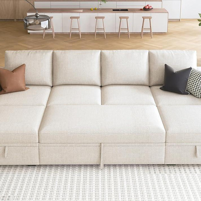 HONBAY Modular Sectional Sleeper Sofa Bed, Sectional Couch with Pullout Bed U Shaped Modular Couch with Storage Ottoman for Living Room, Beige