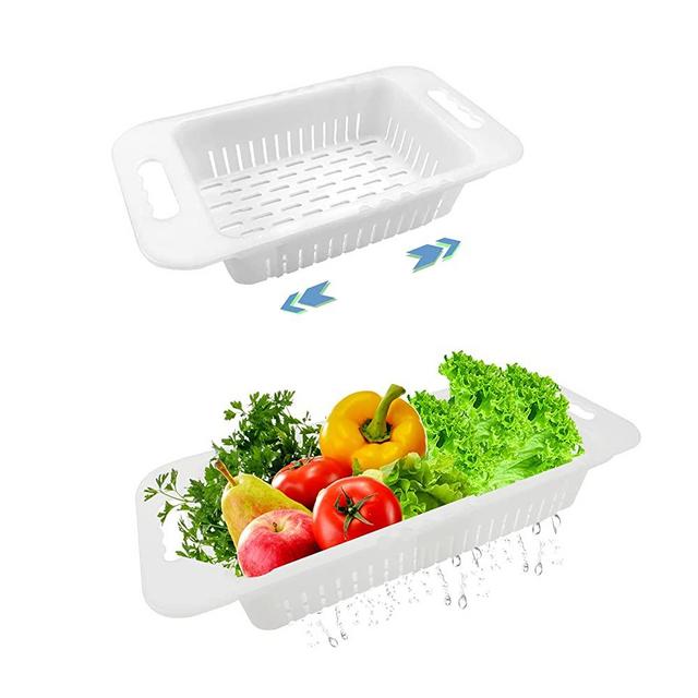 MineSign 2 Pack Extendable Colander Fruits and Vegetables Drain Basket Adjustable Strainer Over the Sink for Kitchen (White)