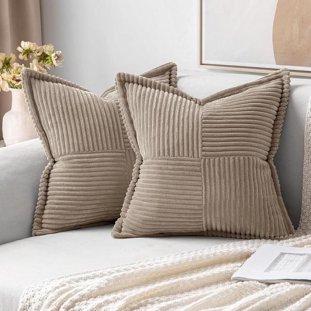 MIULEE Corduroy Pillow Covers with Splicing Set of 2 Super Soft Boho Striped Pillow Covers Broadside Decorative Textured Throw Pillows for Spring Couch Cushion Livingroom 20x20 inch, Light Brown